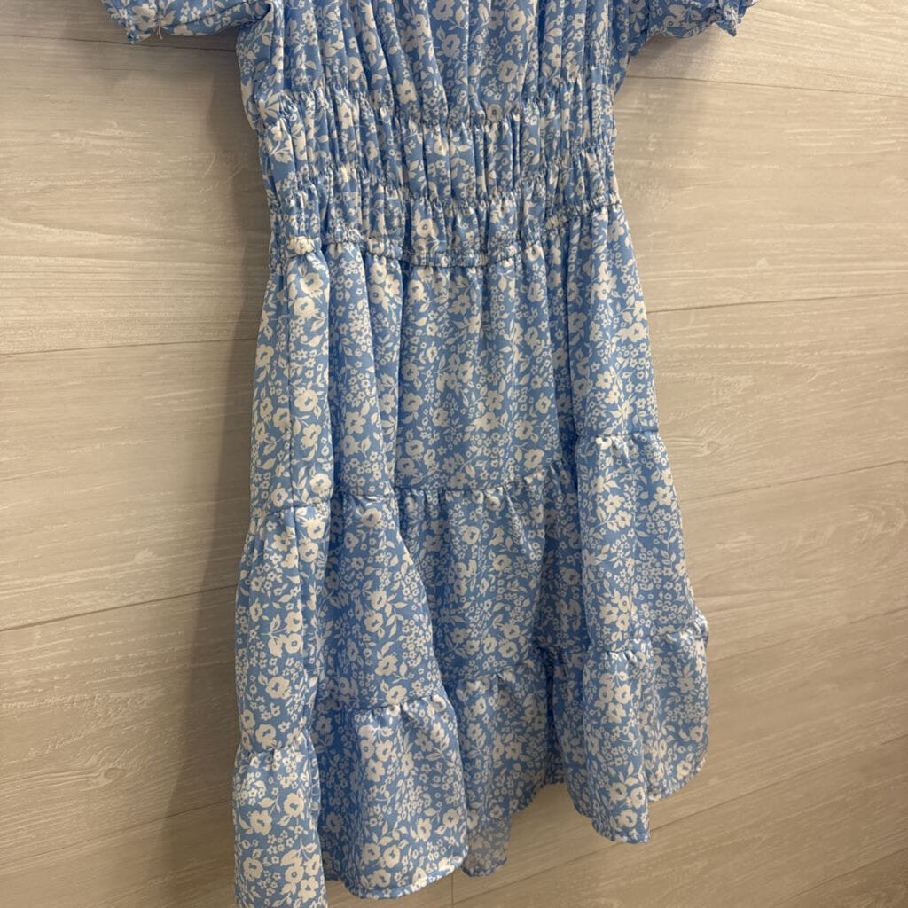 Liberty Love Blue/ White Floral Print Short Puff Sleeve Dress Extra Large