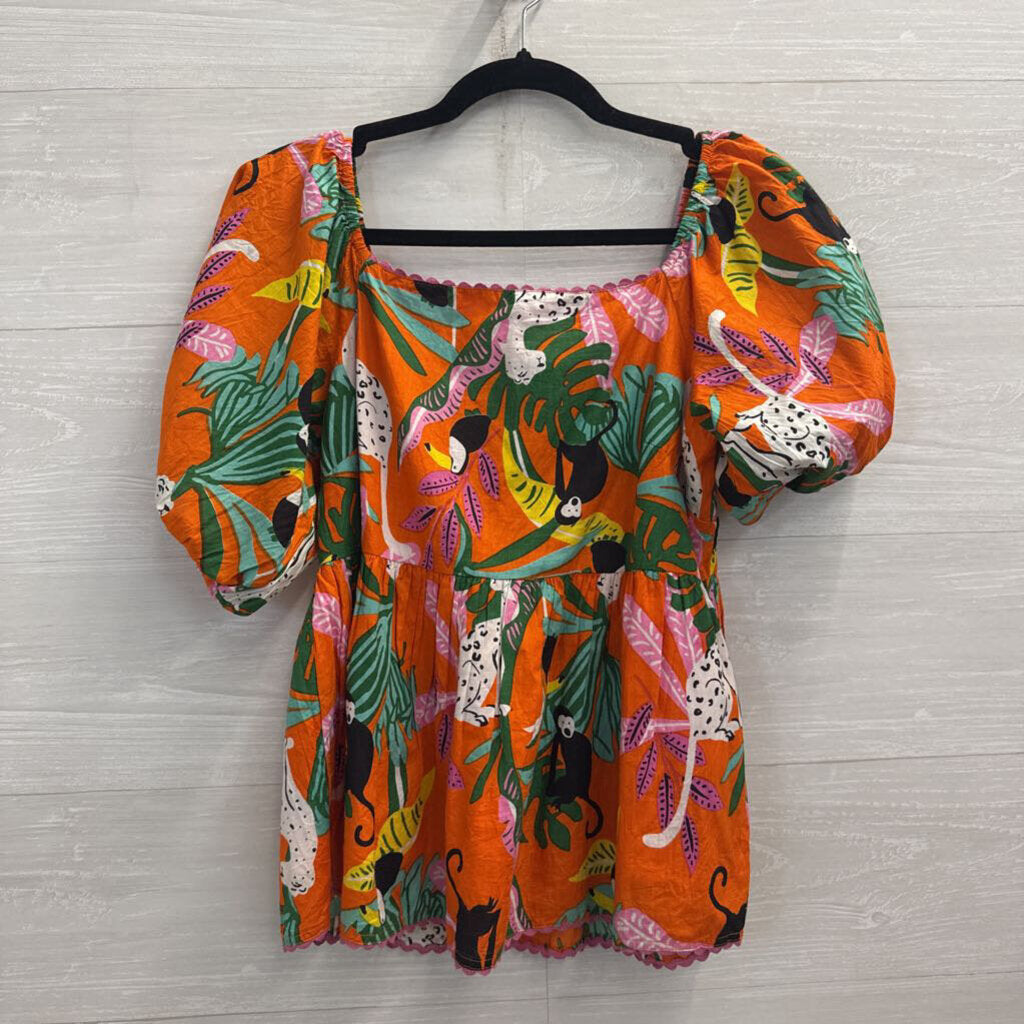 Ivy Jane Orange/ Multi Animal Print Short Puff Sleeve Top Extra Small