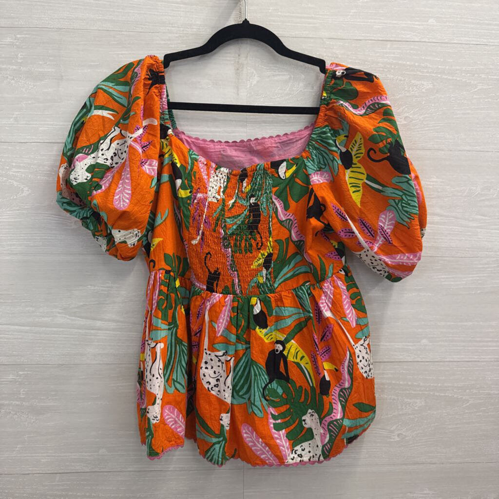 Ivy Jane Orange/ Multi Animal Print Short Puff Sleeve Top Extra Small