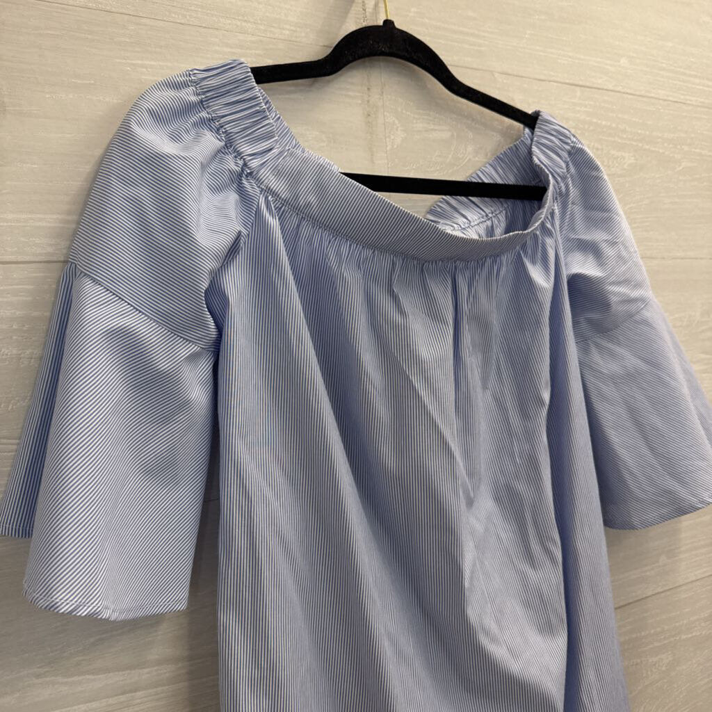 Donna Morgan White/ Blue Striped Long Sleeve Off Shoulder Tie Waist Dress 4