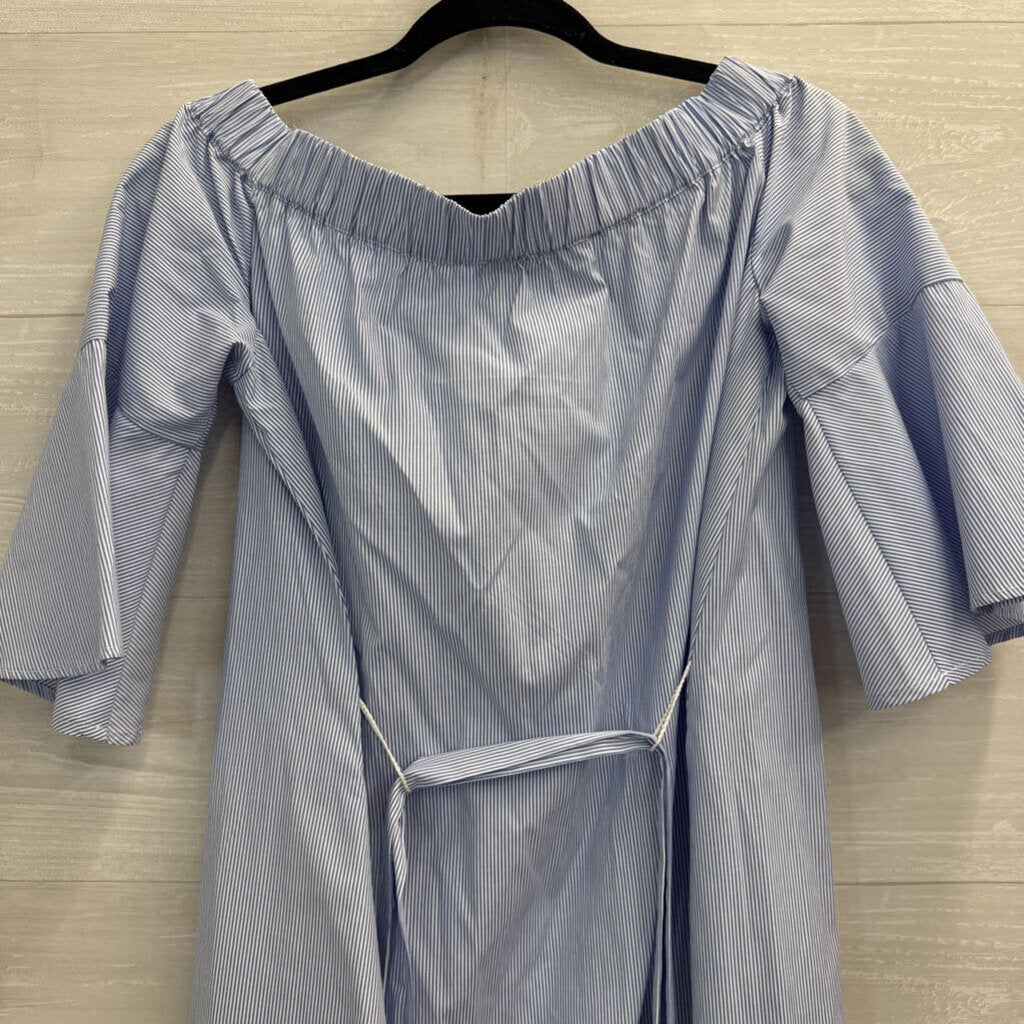 Donna Morgan White/ Blue Striped Long Sleeve Off Shoulder Tie Waist Dress 4