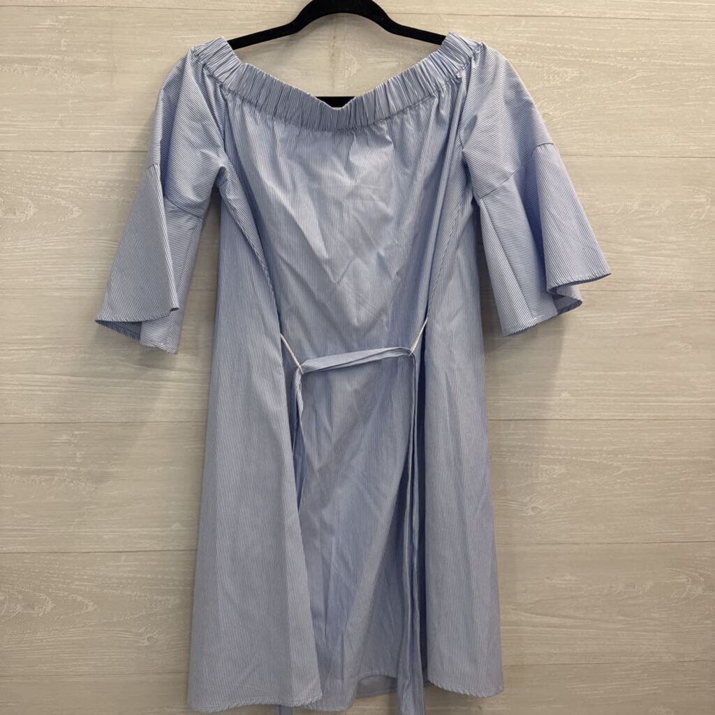 Donna Morgan White/ Blue Striped Long Sleeve Off Shoulder Tie Waist Dress 4