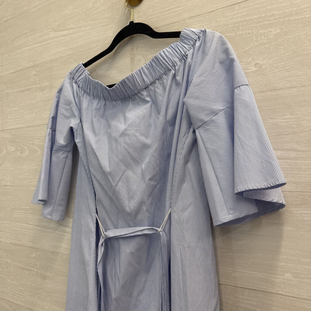 Donna Morgan White/ Blue Striped Long Sleeve Off Shoulder Tie Waist Dress 4