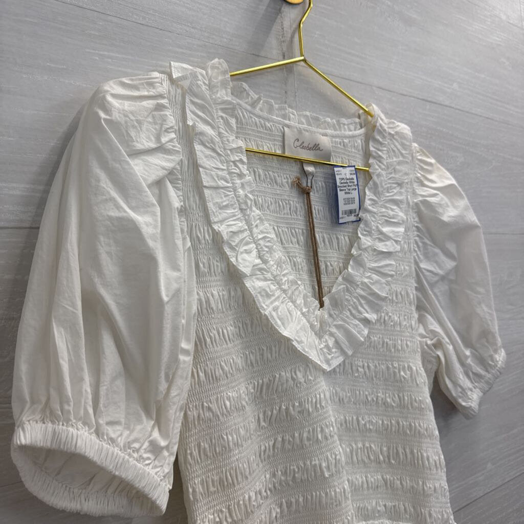 Cleobella White Smocked Short Puff Sleeve Top Large