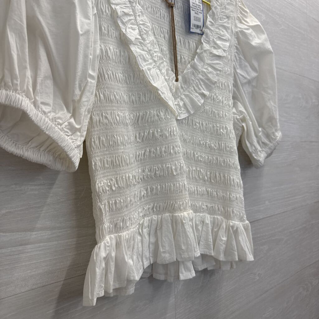 Cleobella White Smocked Short Puff Sleeve Top Large