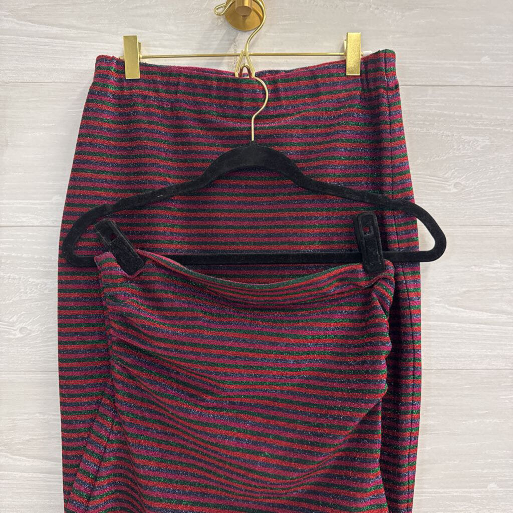Trina Turk Red/ Multi Metallic Stripe Strapless Top/ Midi Skirt Set Small
