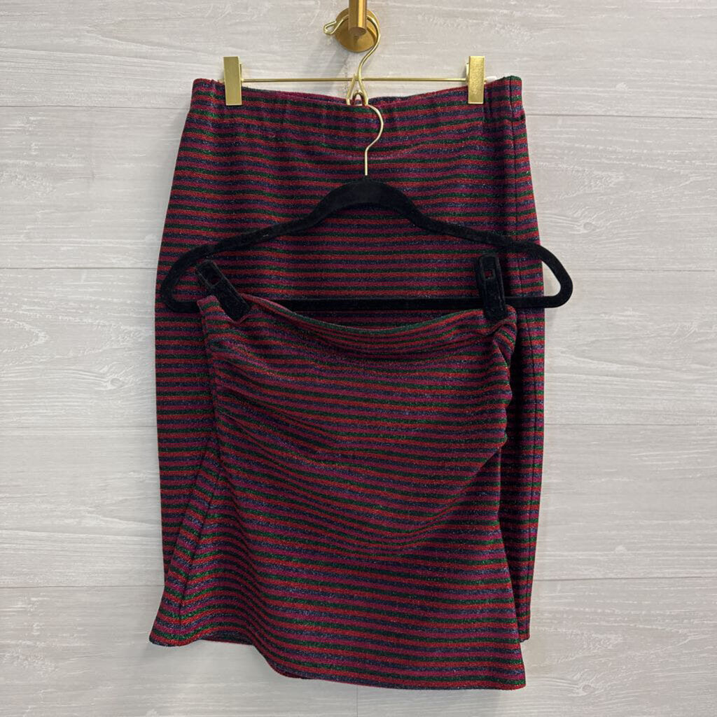 Trina Turk Red/ Multi Metallic Stripe Strapless Top/ Midi Skirt Set Small