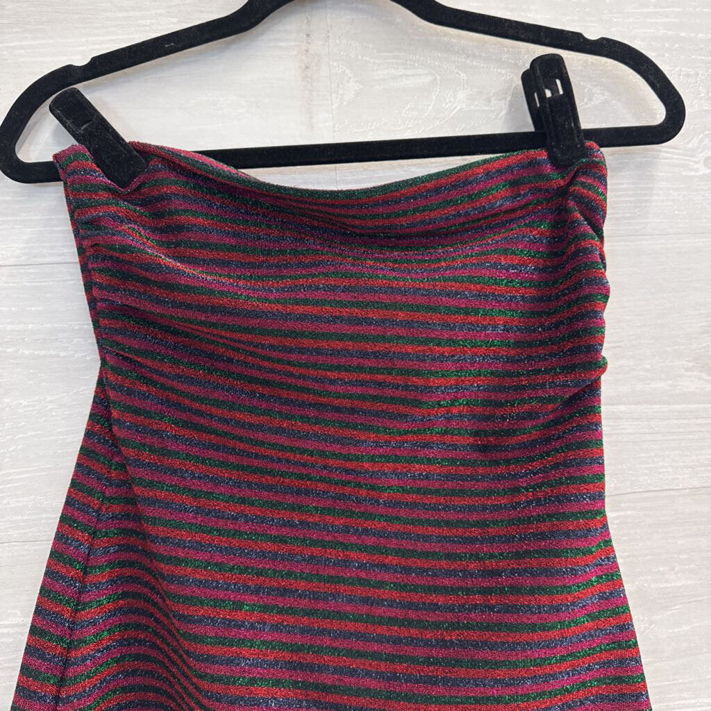 Trina Turk Red/ Multi Metallic Stripe Strapless Top/ Midi Skirt Set Small