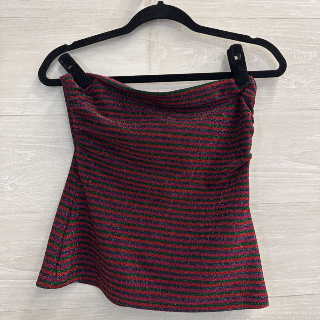 Trina Turk Red/ Multi Metallic Stripe Strapless Top/ Midi Skirt Set Small