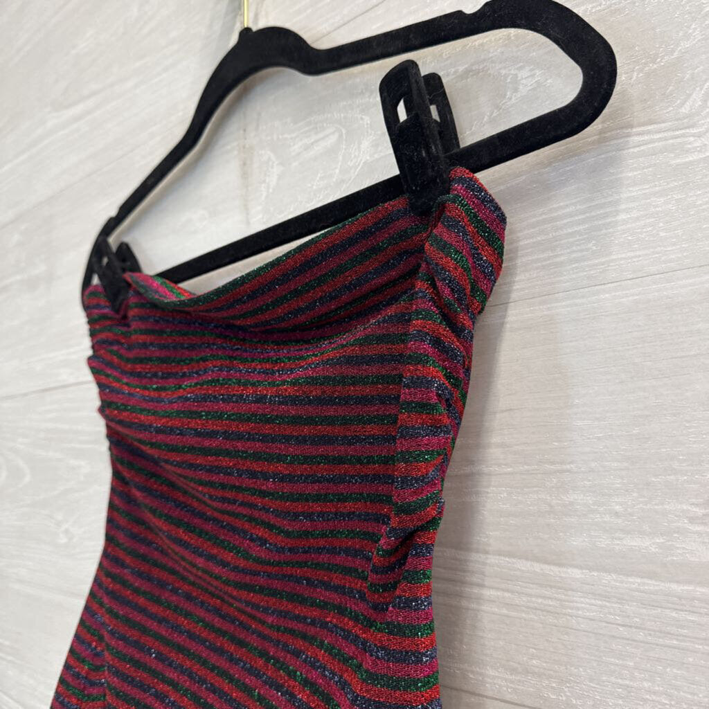 Trina Turk Red/ Multi Metallic Stripe Strapless Top/ Midi Skirt Set Small
