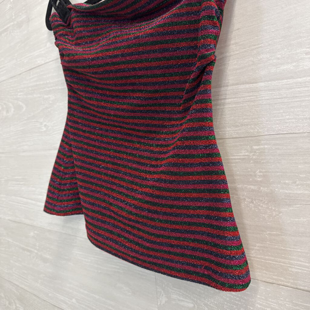 Trina Turk Red/ Multi Metallic Stripe Strapless Top/ Midi Skirt Set Small