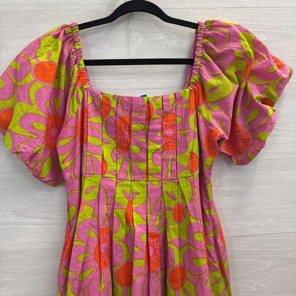 Uncle Frank Pink/ Green Print Short Puff Sleeve Dress Small