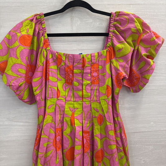 Uncle Frank Pink/ Green Print Short Puff Sleeve Dress Small