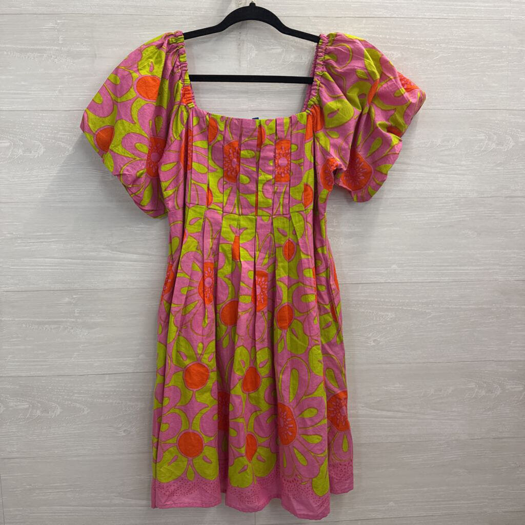 Uncle Frank Pink/ Green Print Short Puff Sleeve Dress Small