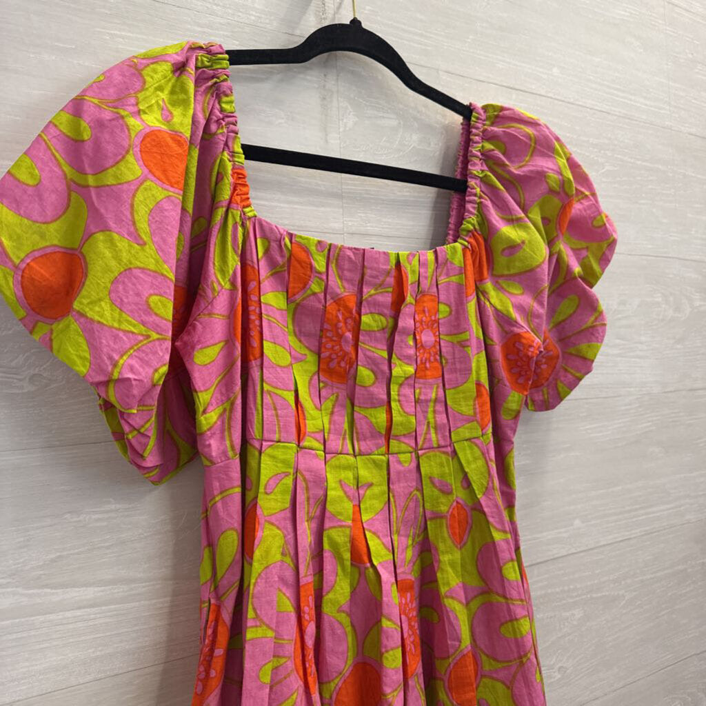 Uncle Frank Pink/ Green Print Short Puff Sleeve Dress Small