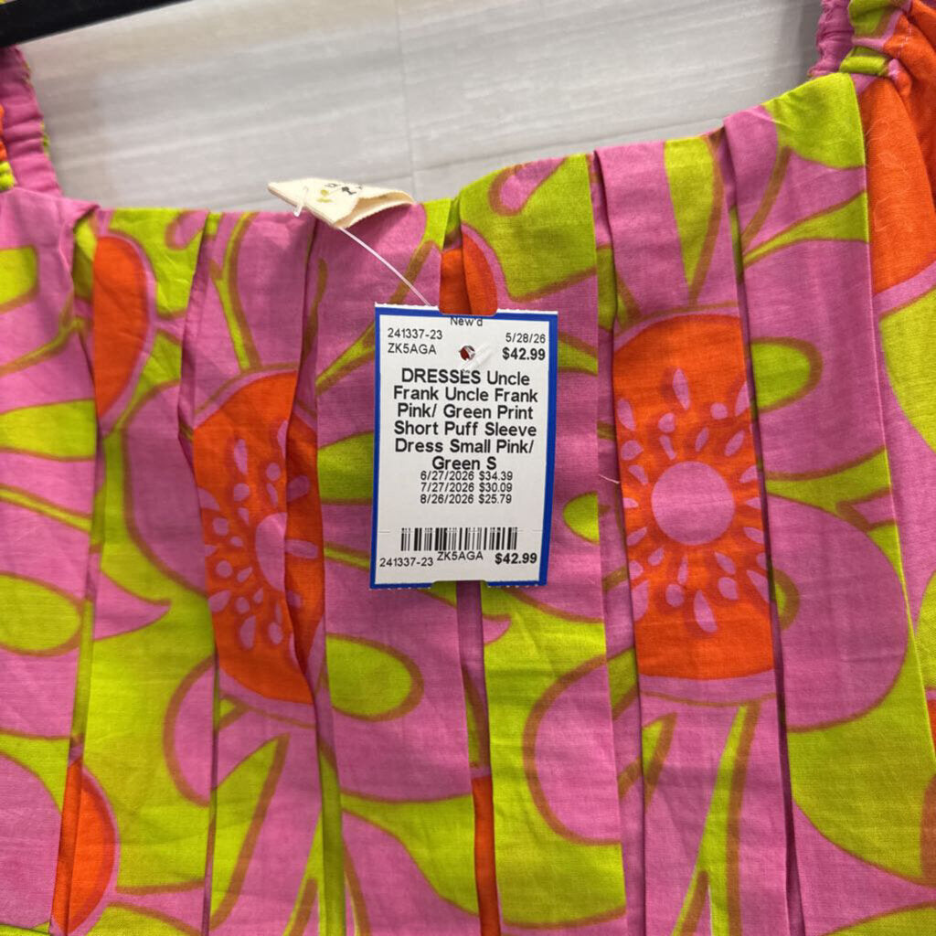 Uncle Frank Pink/ Green Print Short Puff Sleeve Dress Small