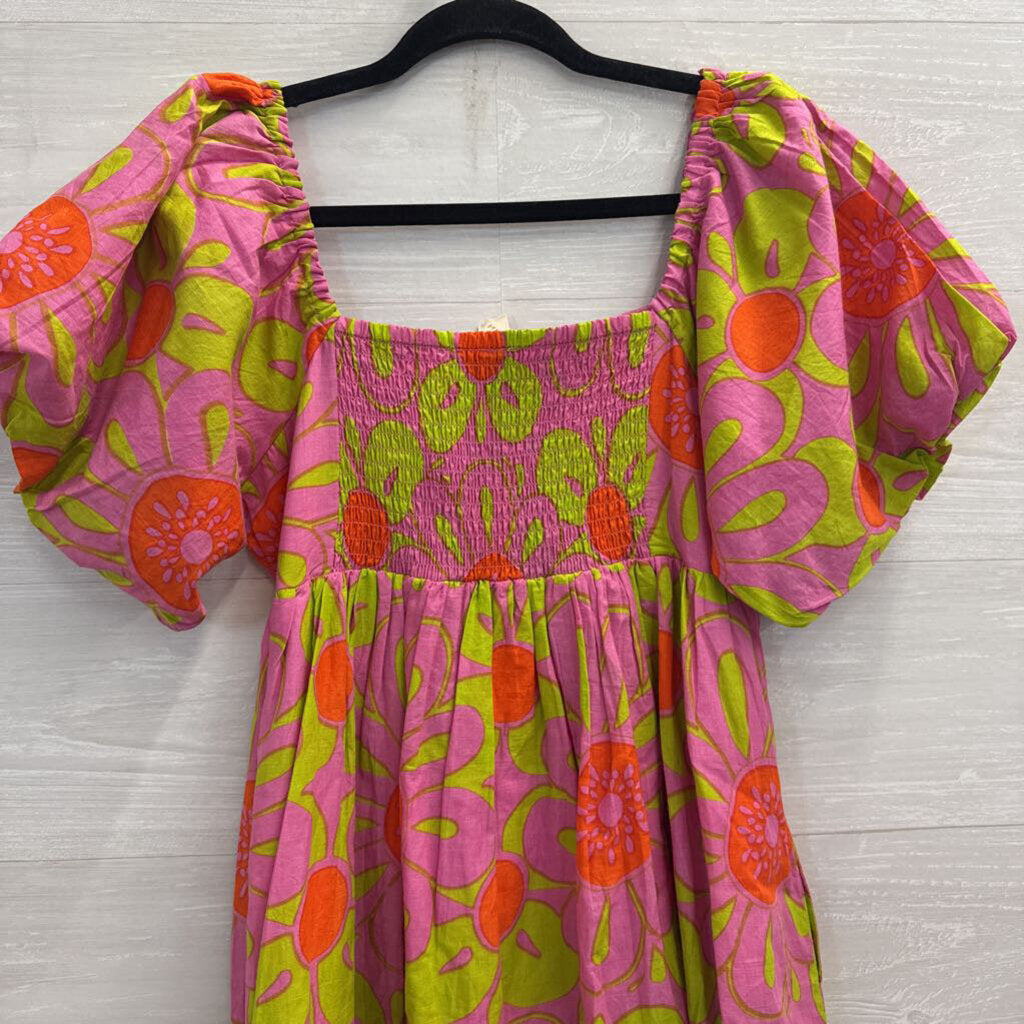 Uncle Frank Pink/ Green Print Short Puff Sleeve Dress Small