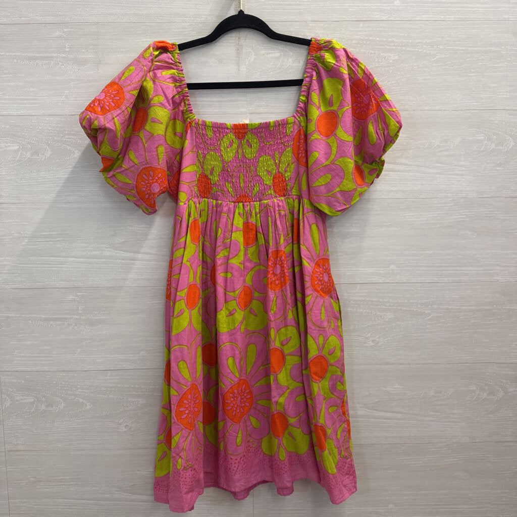 Uncle Frank Pink/ Green Print Short Puff Sleeve Dress Small