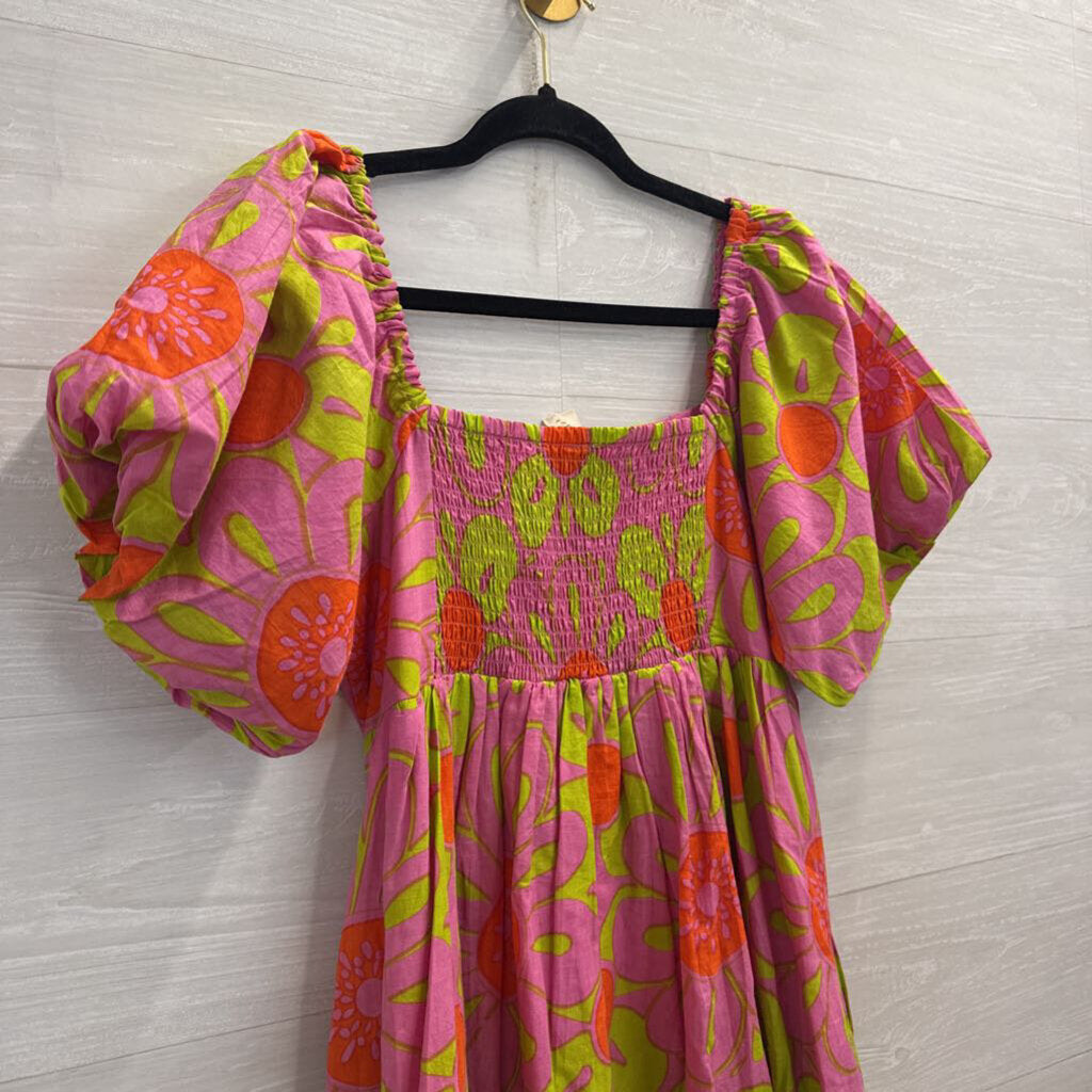 Uncle Frank Pink/ Green Print Short Puff Sleeve Dress Small