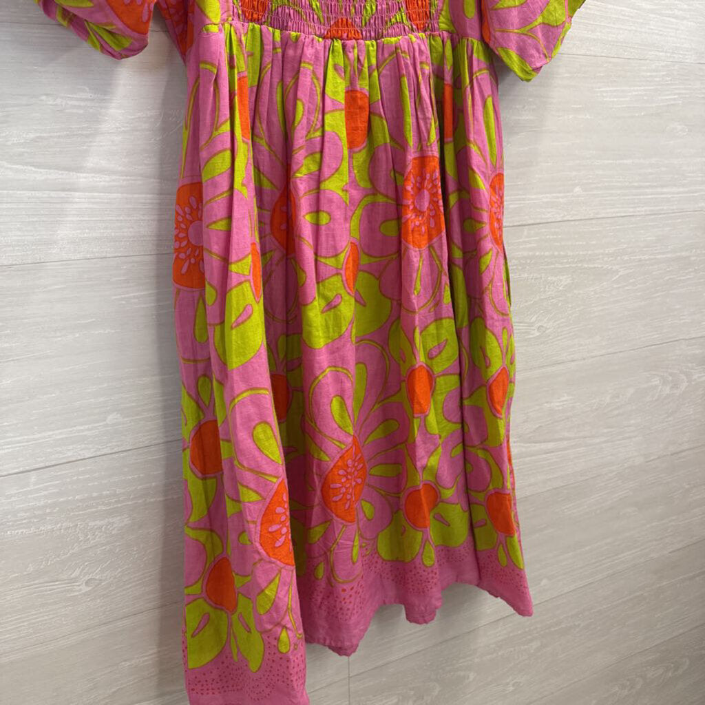 Uncle Frank Pink/ Green Print Short Puff Sleeve Dress Small