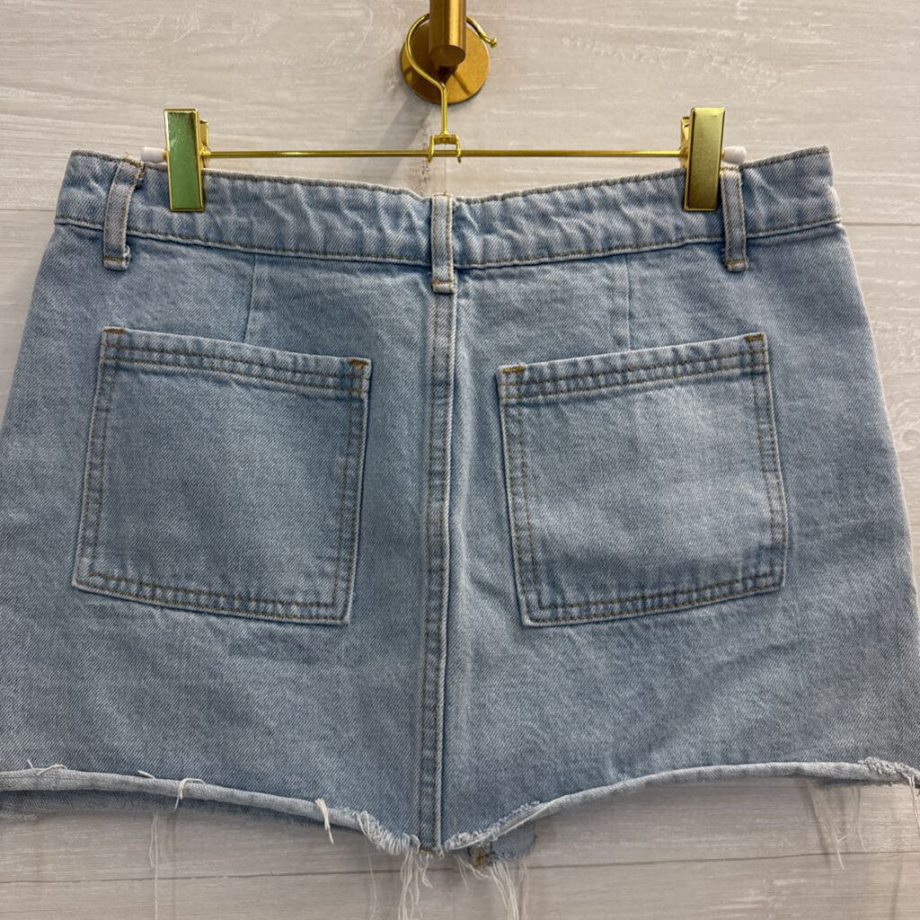 Edikted Light Wash Denim Cut Off Mini Skirt Medium