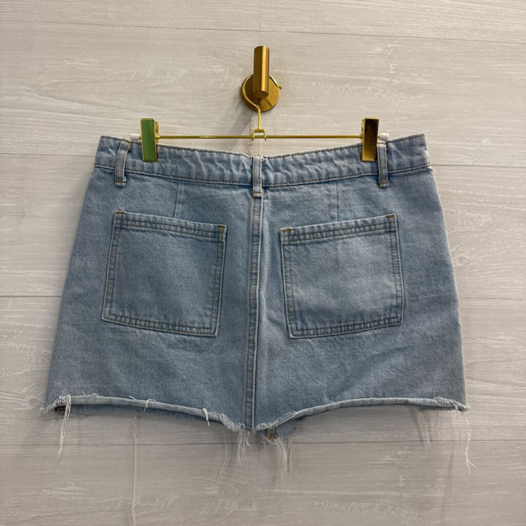 Edikted Light Wash Denim Cut Off Mini Skirt Medium