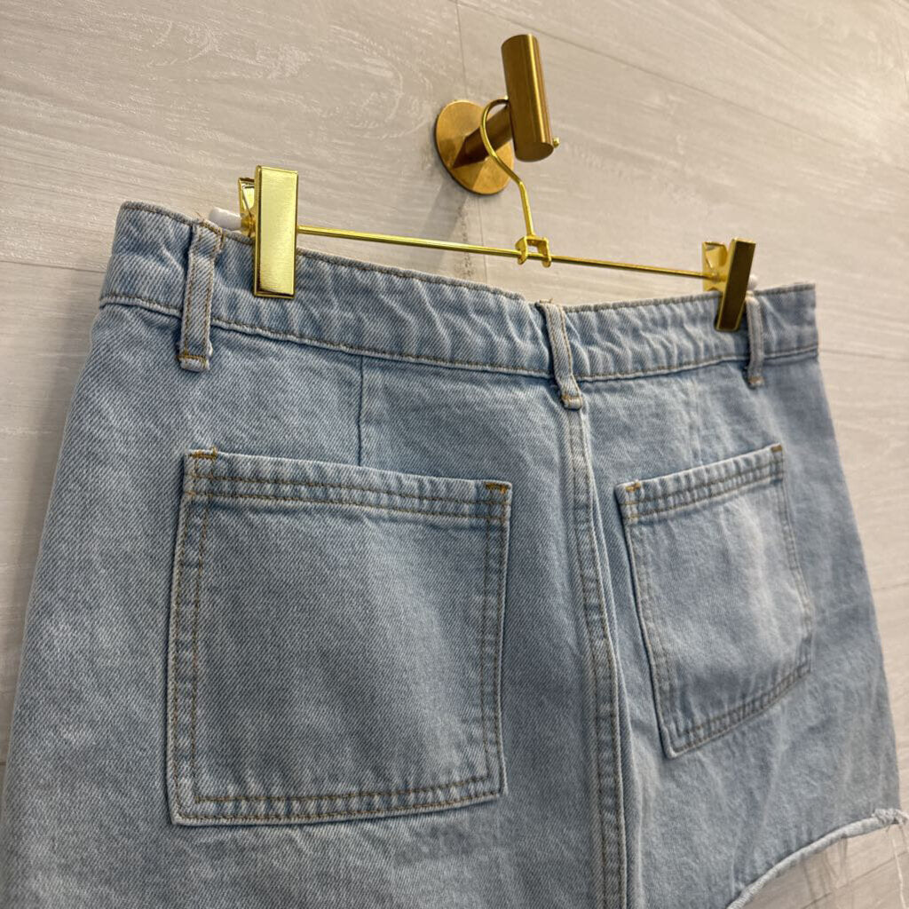 Edikted Light Wash Denim Cut Off Mini Skirt Medium