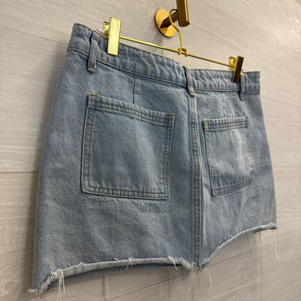 Edikted Light Wash Denim Cut Off Mini Skirt Medium