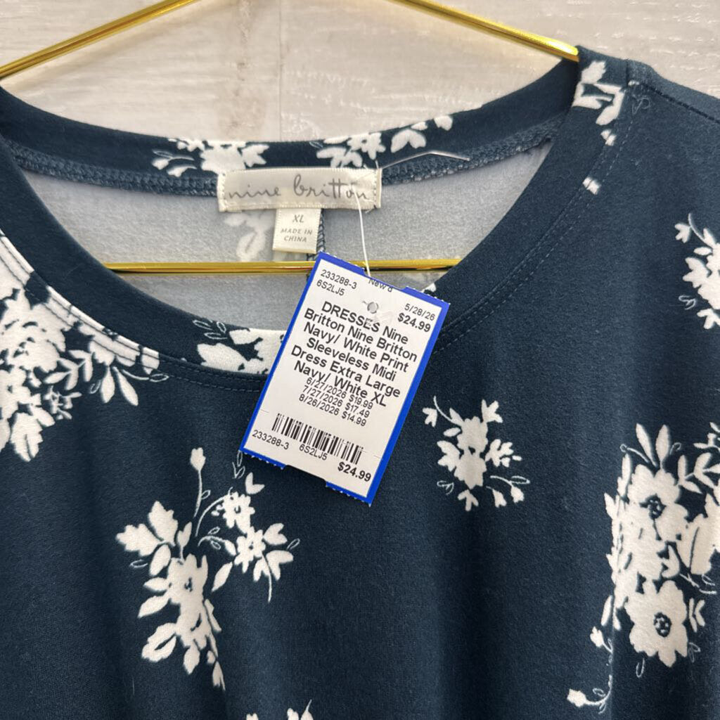 Nine Britton Navy/ White Print Sleeveless Midi Dress Extra Large
