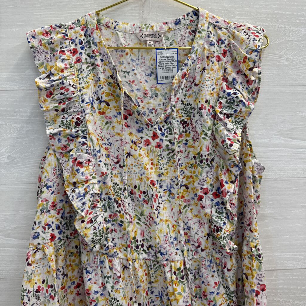 Nanette Lepore White/ Multi Floral Print Short Sleeve Top Extra Large