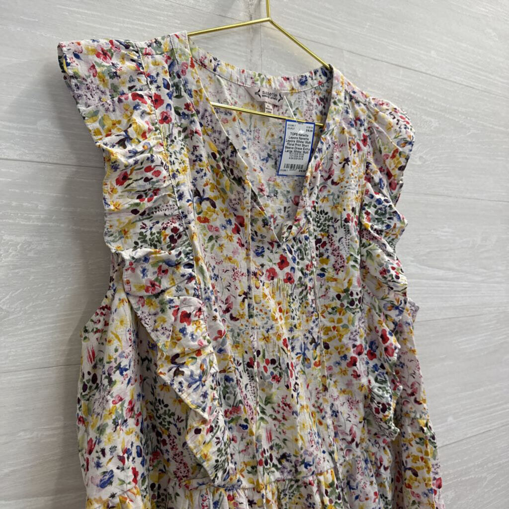 Nanette Lepore White/ Multi Floral Print Short Sleeve Top Extra Large
