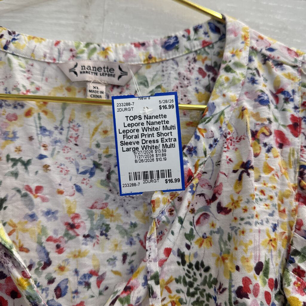 Nanette Lepore White/ Multi Floral Print Short Sleeve Top Extra Large