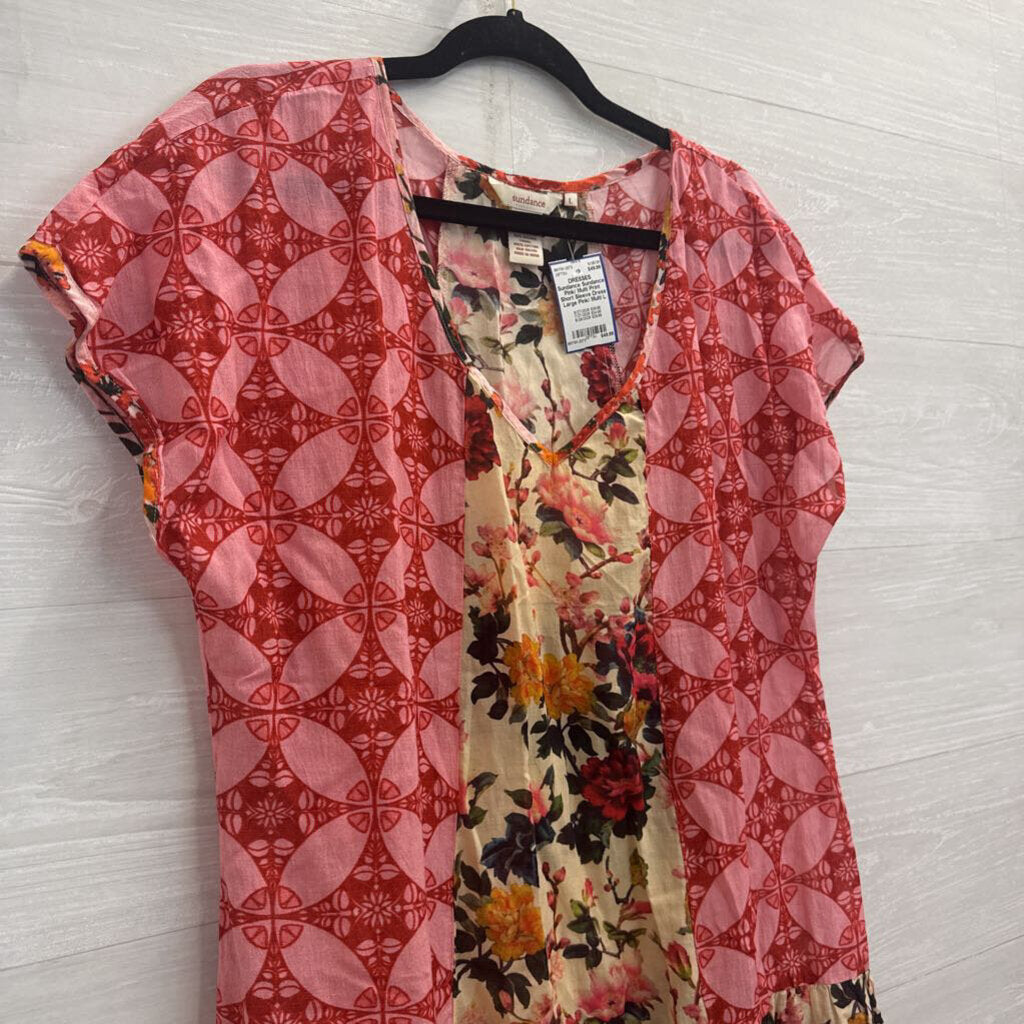 Sundance Pink/ Multi Print Short Sleeve Dress Large