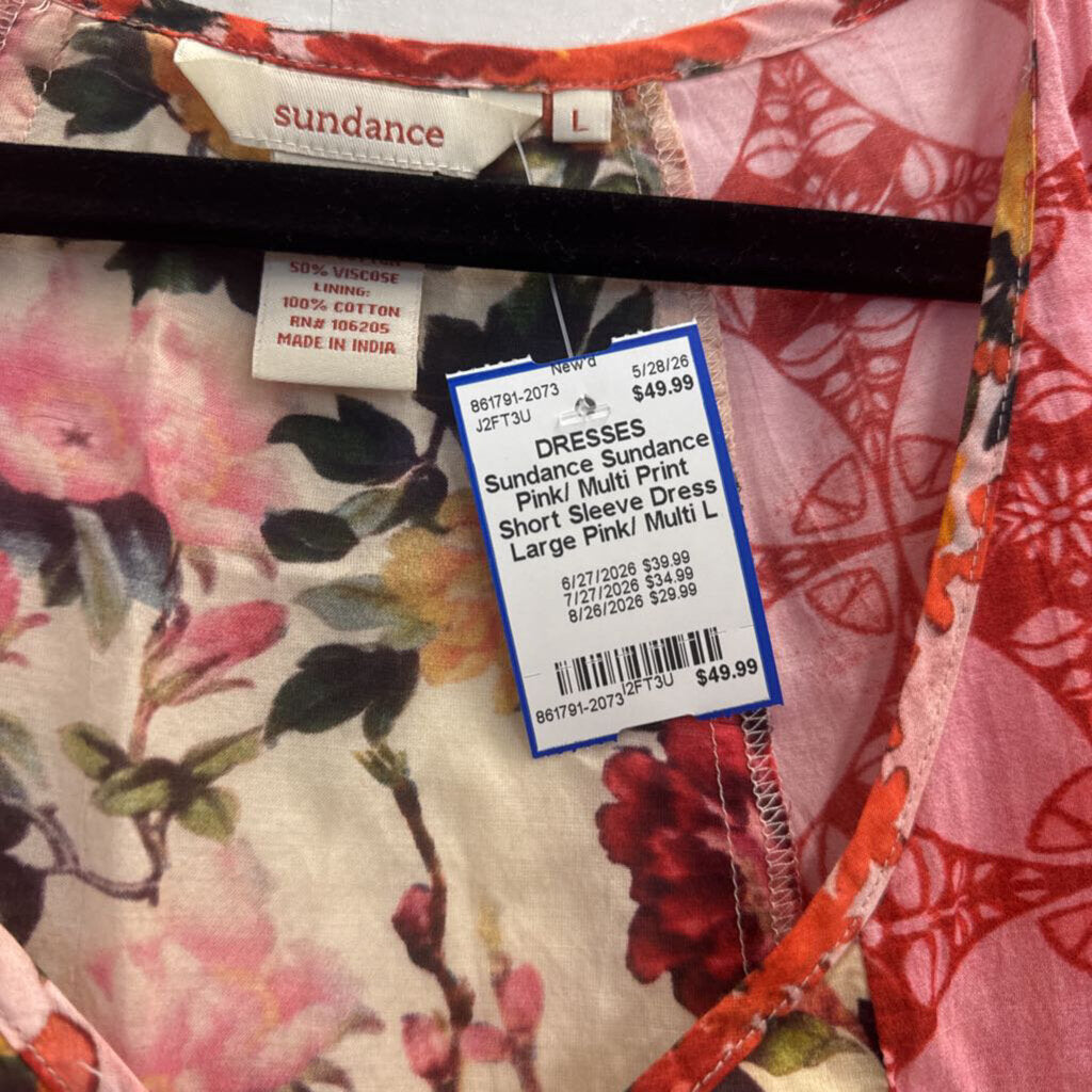 Sundance Pink/ Multi Print Short Sleeve Dress Large