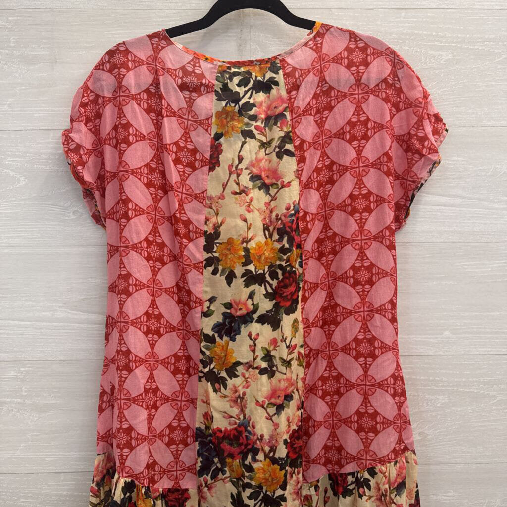 Sundance Pink/ Multi Print Short Sleeve Dress Large