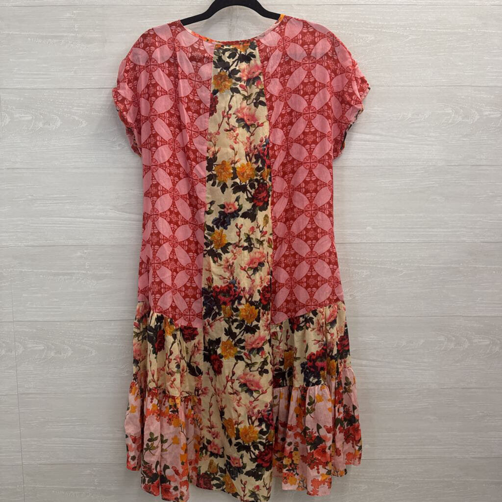 Sundance Pink/ Multi Print Short Sleeve Dress Large