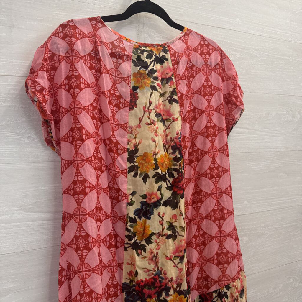 Sundance Pink/ Multi Print Short Sleeve Dress Large