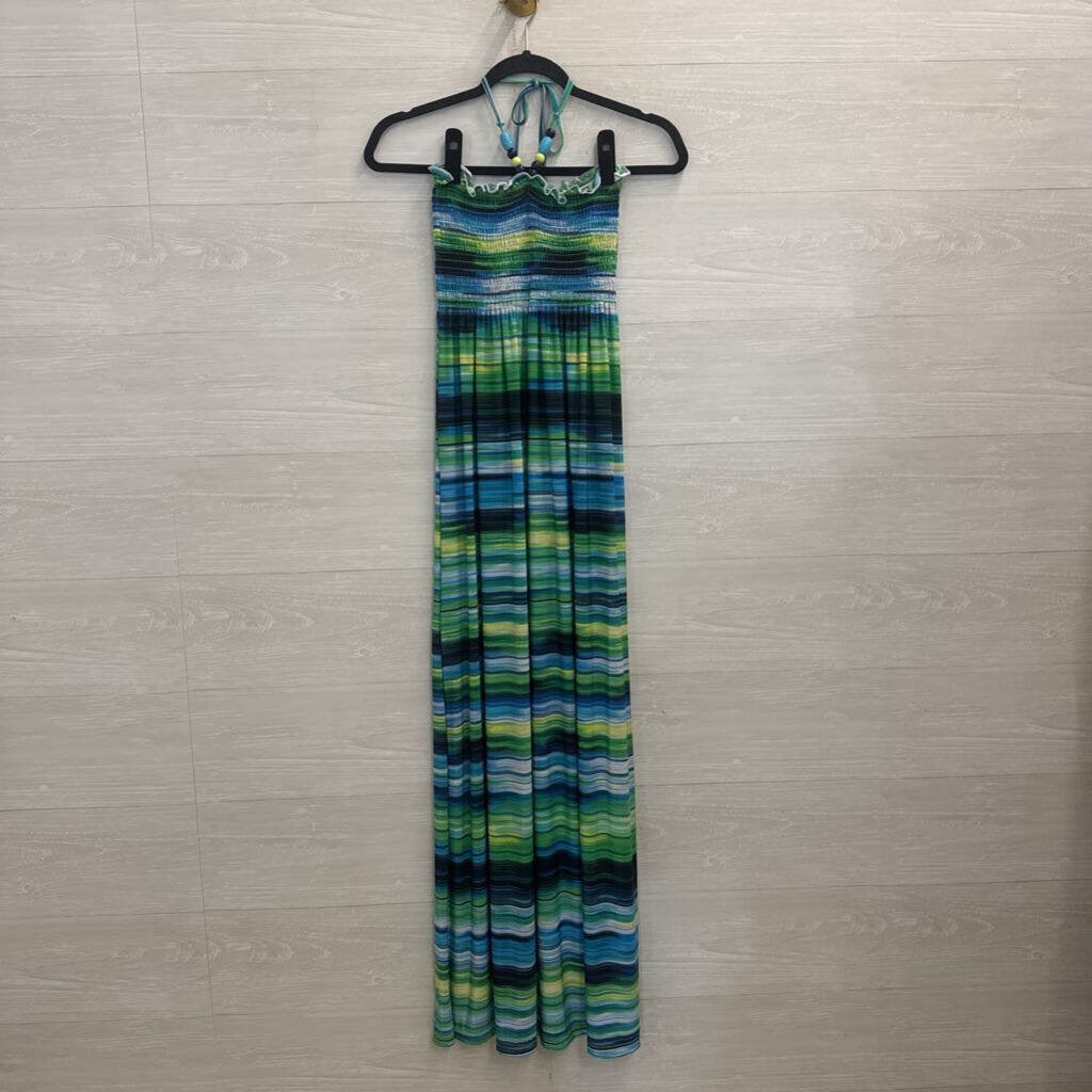 Blue/ Green Striped Halter Neck Maxi Dress Medium