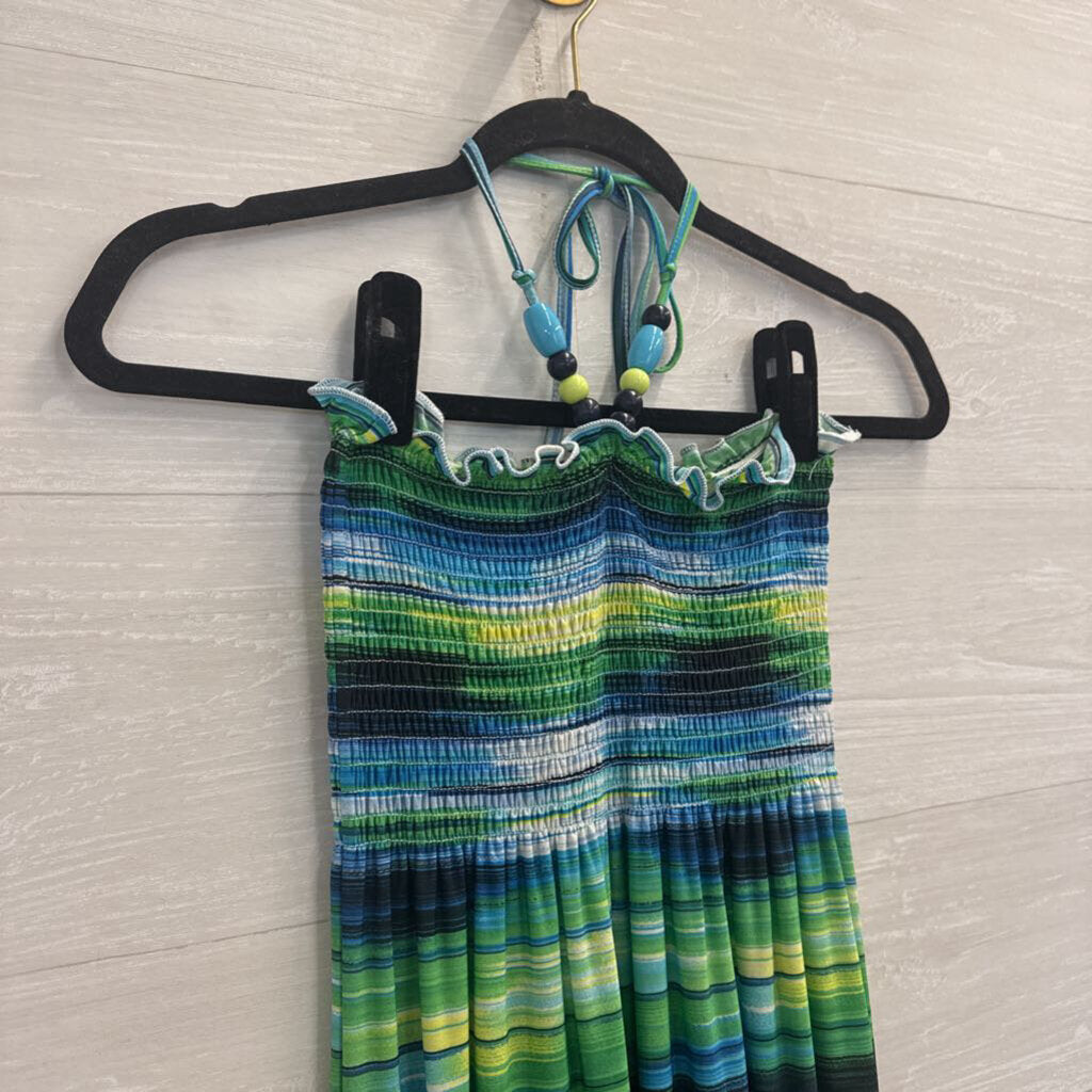 Blue/ Green Striped Halter Neck Maxi Dress Medium