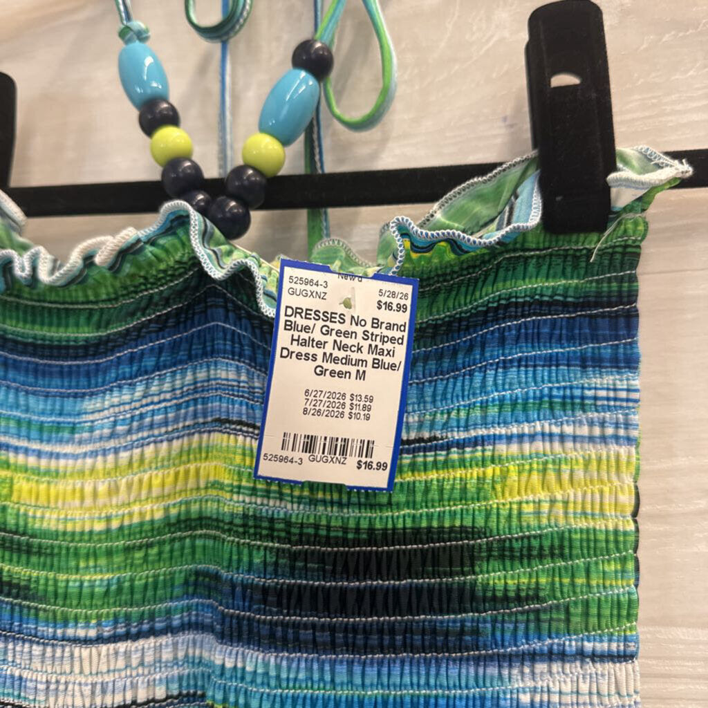 Blue/ Green Striped Halter Neck Maxi Dress Medium