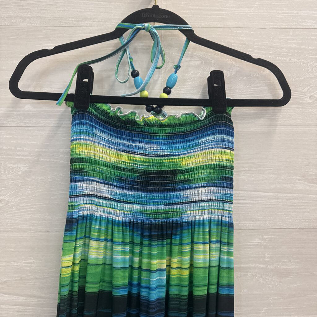 Blue/ Green Striped Halter Neck Maxi Dress Medium
