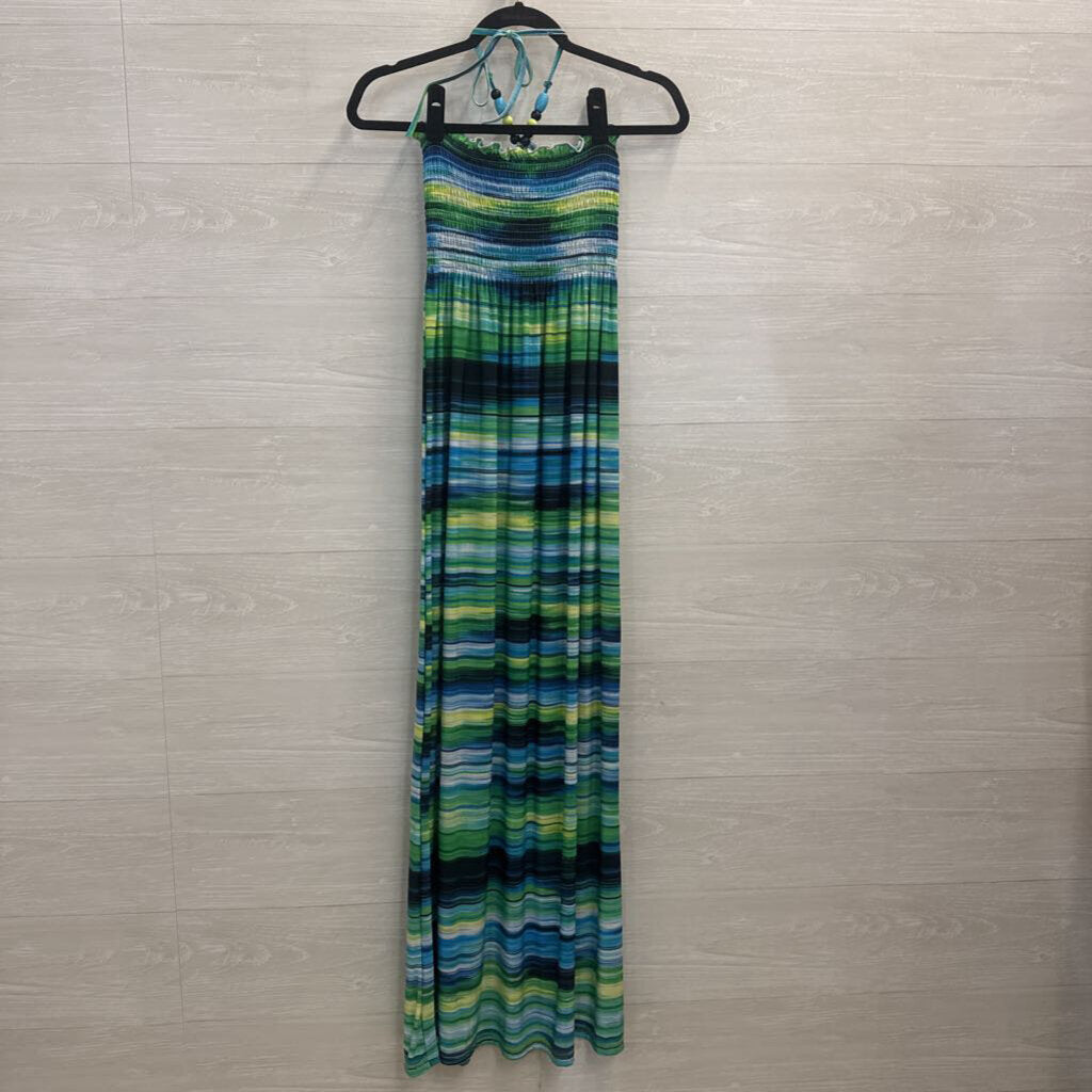 Blue/ Green Striped Halter Neck Maxi Dress Medium