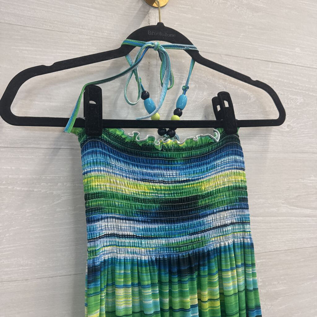 Blue/ Green Striped Halter Neck Maxi Dress Medium