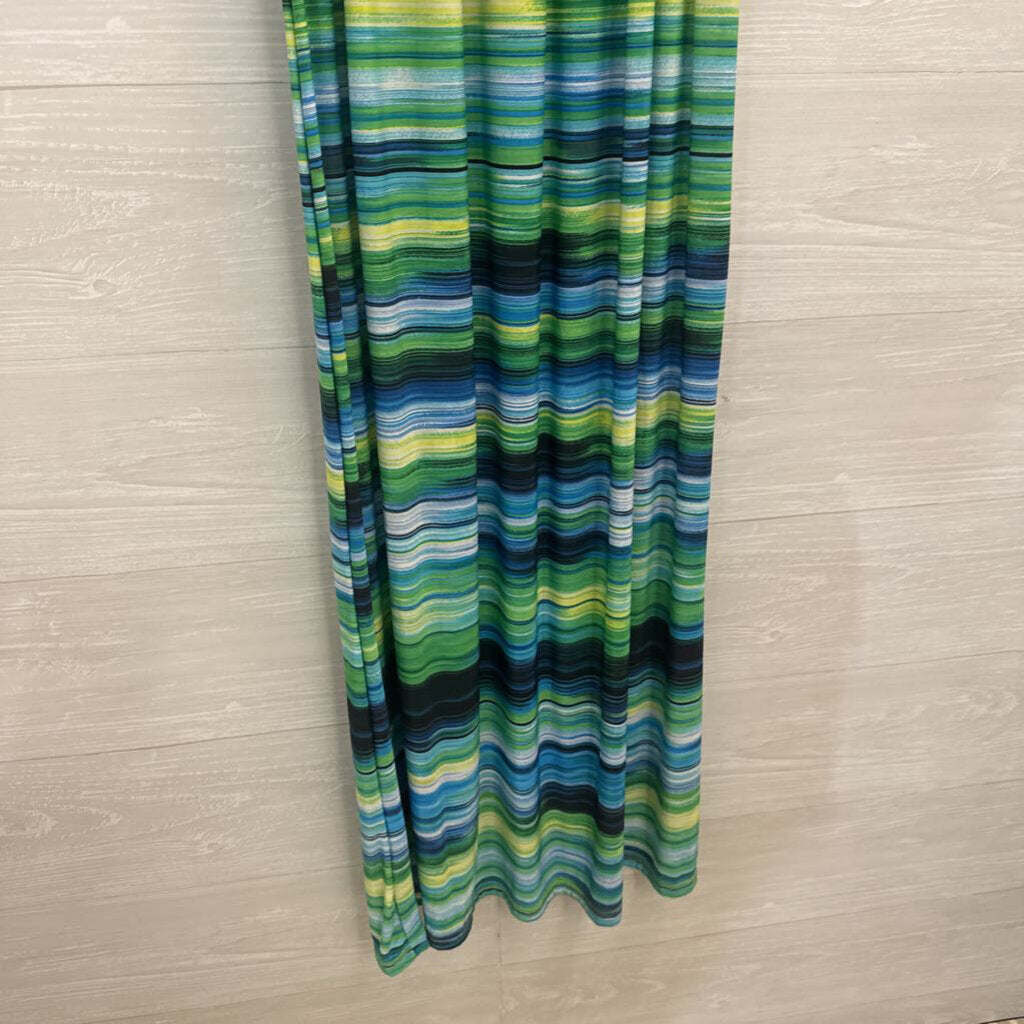 Blue/ Green Striped Halter Neck Maxi Dress Medium