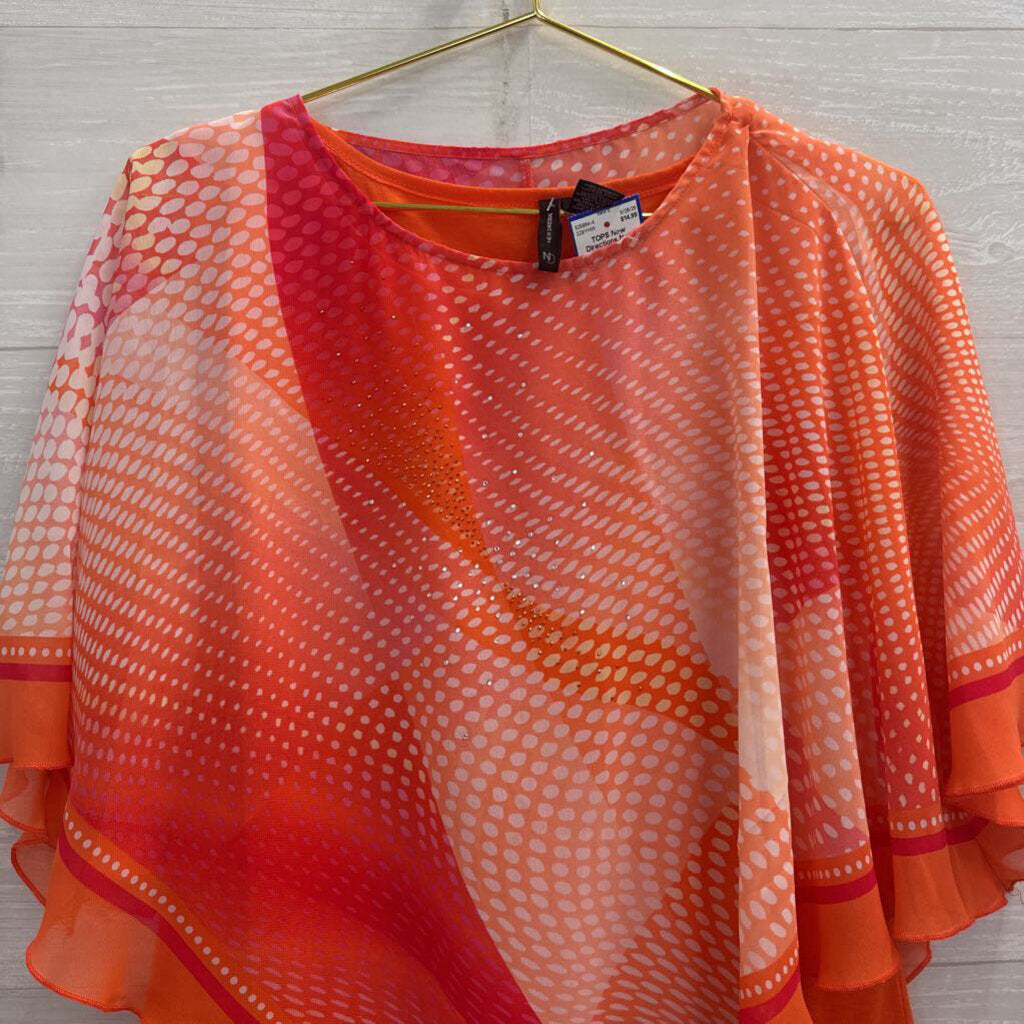 New Directions Coral Dot Print Embellished Cape Top Small