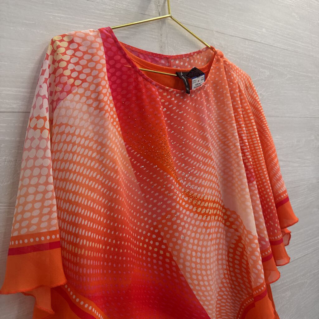 New Directions Coral Dot Print Embellished Cape Top Small