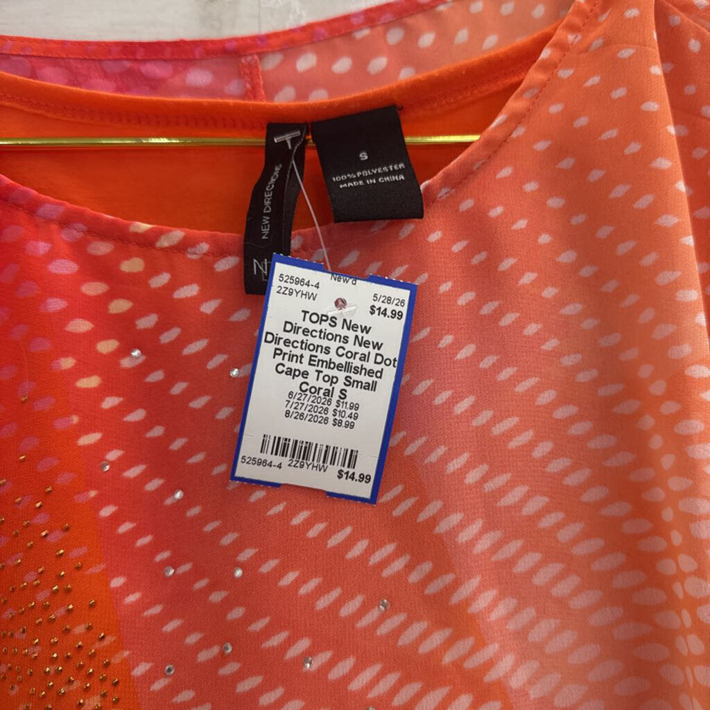 New Directions Coral Dot Print Embellished Cape Top Small