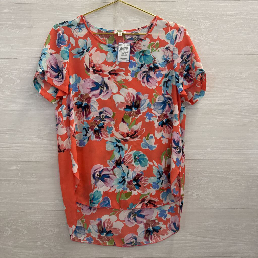 Spense Orange/ Multi Floral Print Short Sleeve Top Medium