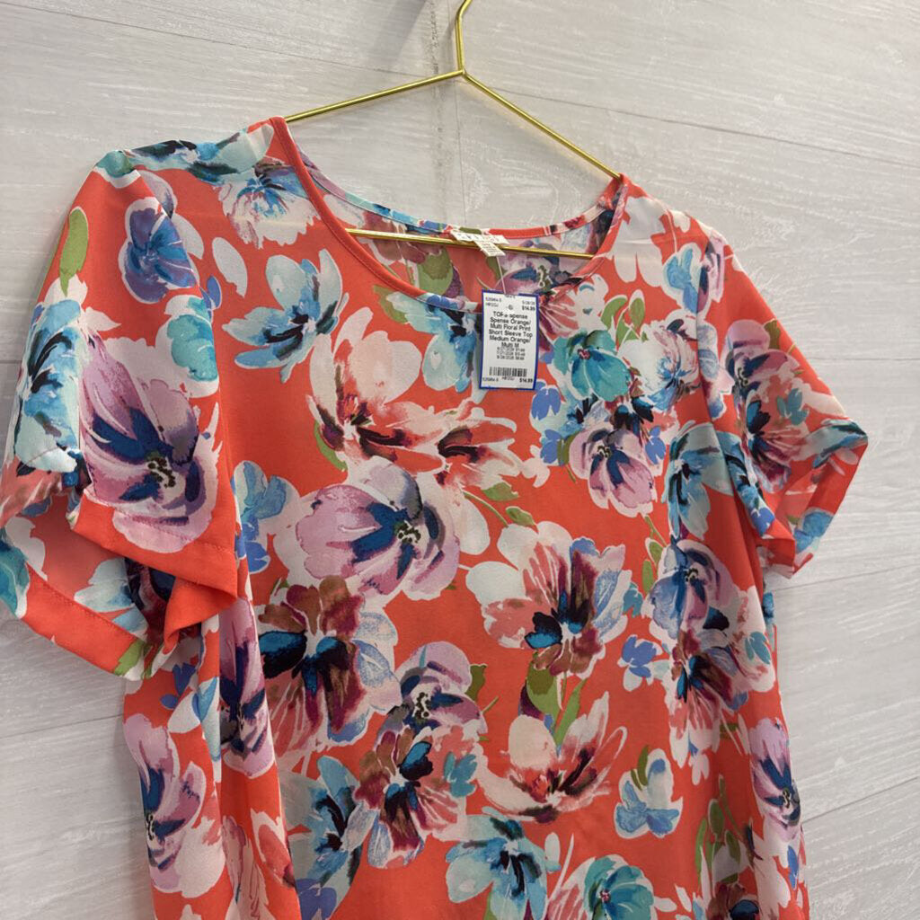 Spense Orange/ Multi Floral Print Short Sleeve Top Medium