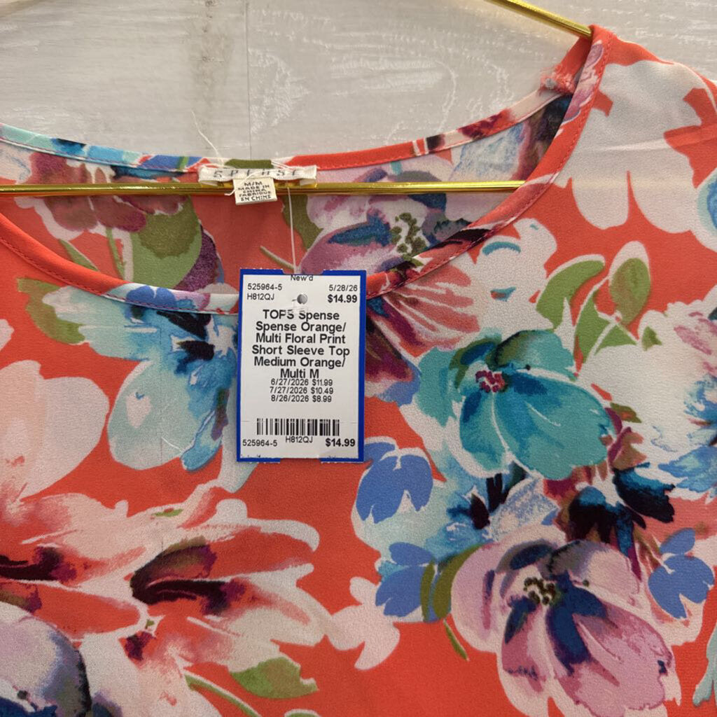Spense Orange/ Multi Floral Print Short Sleeve Top Medium